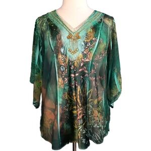 VTG Y2K Fairy Grunge Top Womens 1X Floral Sheer Sequins Jeweled Boho Whimsigoth